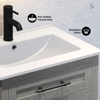 24-inch freestanding bathroom vanity in carbon gray, soft-close doors, single sink with pre-drilled faucet hole.