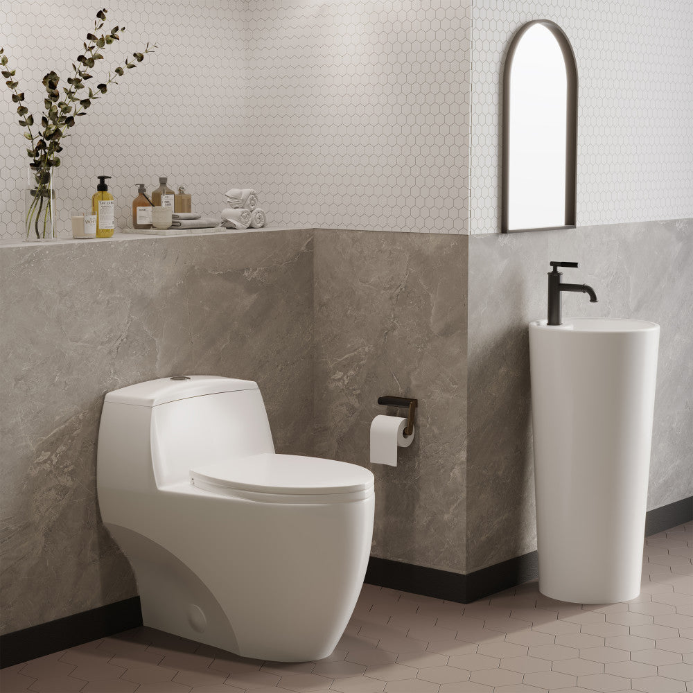 Elongated one-piece toilet in white, dual-flush with soft-close seat, modern bathroom setting.