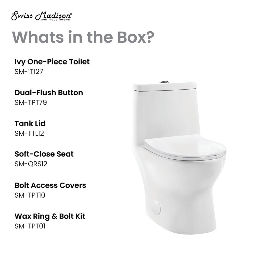 Elongated one-piece toilet, dual-flush button, soft-close seat, 10" rough-in, white ceramic.