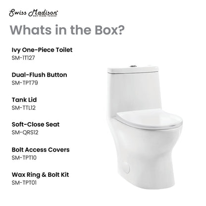 Elongated one-piece toilet, dual-flush button, soft-close seat, 10" rough-in, white ceramic.