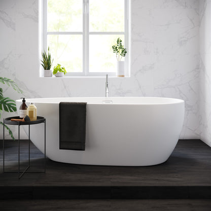 Freestanding soaking bathtub 67 inch, smooth white oval design with center drain and modern floor-mounted faucet.