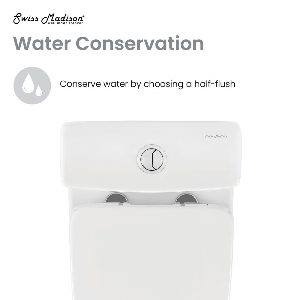 Round one-piece compact toilet with dual top flush in glossy white.