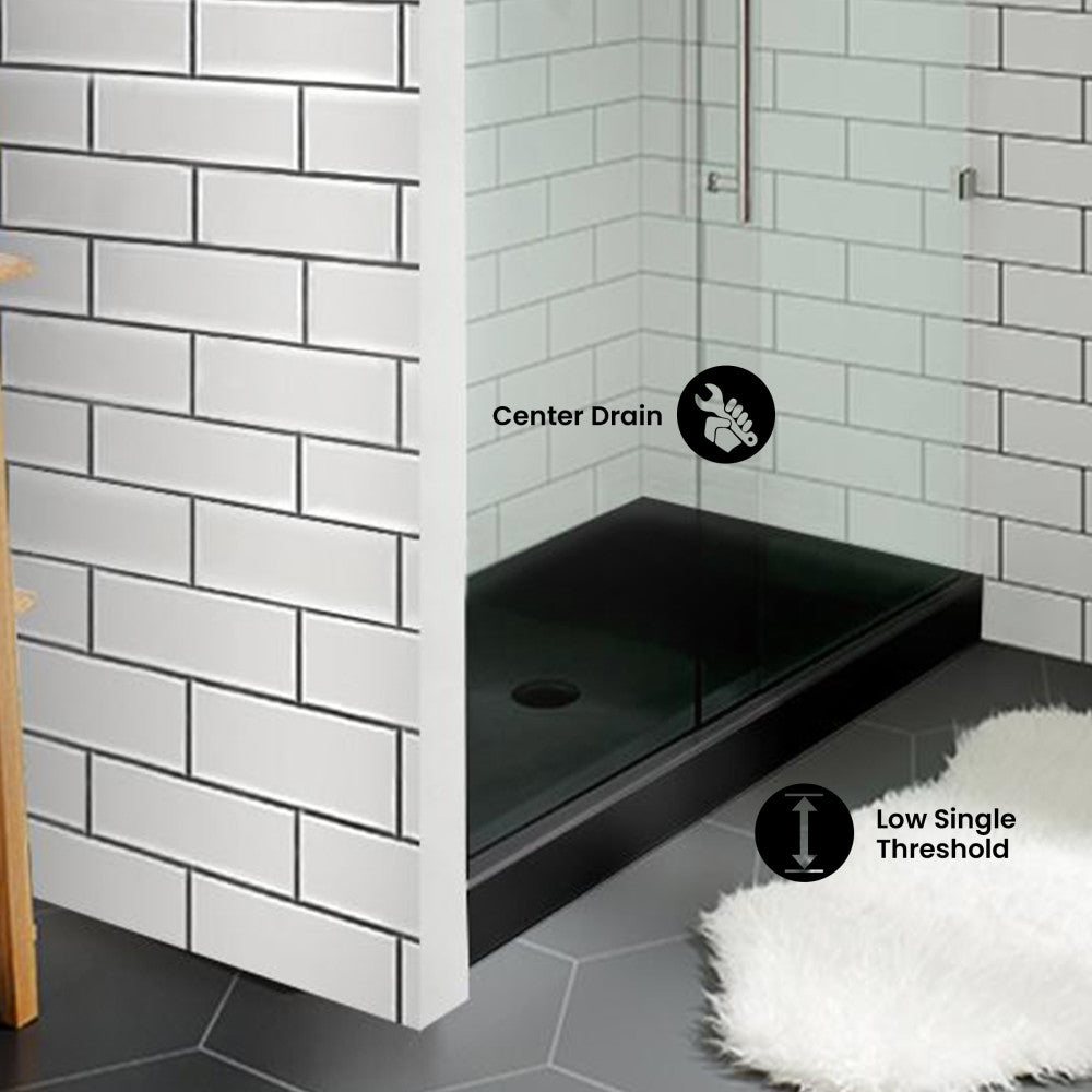 Voltaire 48" x 32" Acrylic Black, Single-Threshold, Center Drain, Shower Base