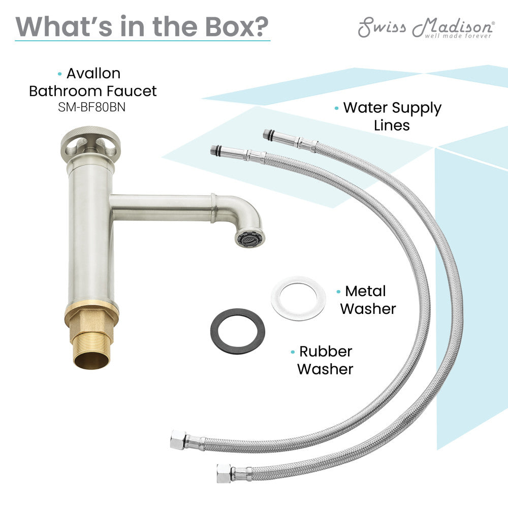 Single-handle bathroom faucet in brushed nickel with water supply lines and washers included.