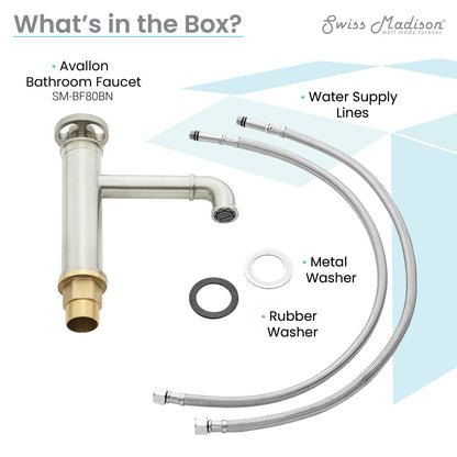 Single-handle bathroom faucet in brushed nickel with water supply lines and washers included.