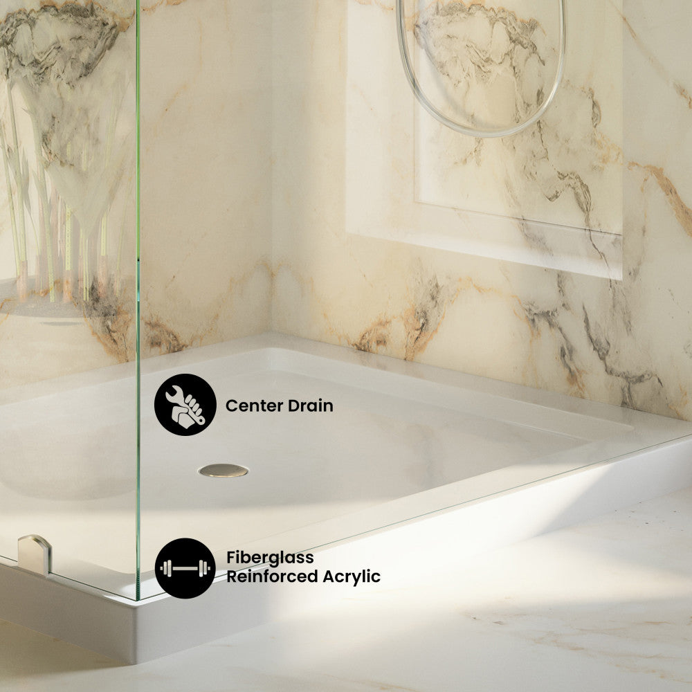 Voltaire 60" x 32" Double-Threshold Right Corner Shower Pan Base with Center Drain in Glossy White