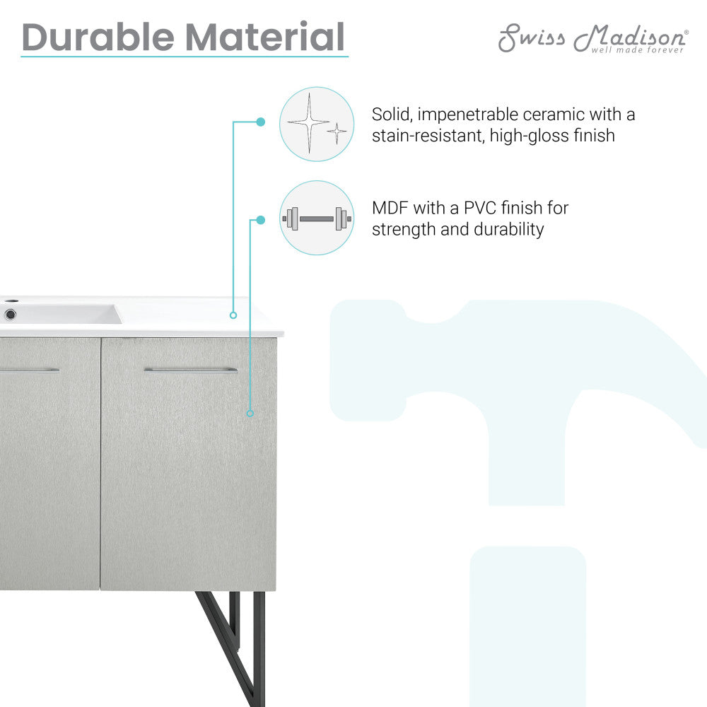 48-inch freestanding gray bathroom vanity with single sink and high-gloss ceramic top.