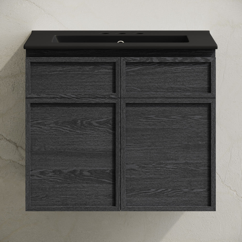 St. Tropez 24" Wall-Mounted Bathroom Vanity in Black Oak with Black 3-Hole Centerset Sink Top