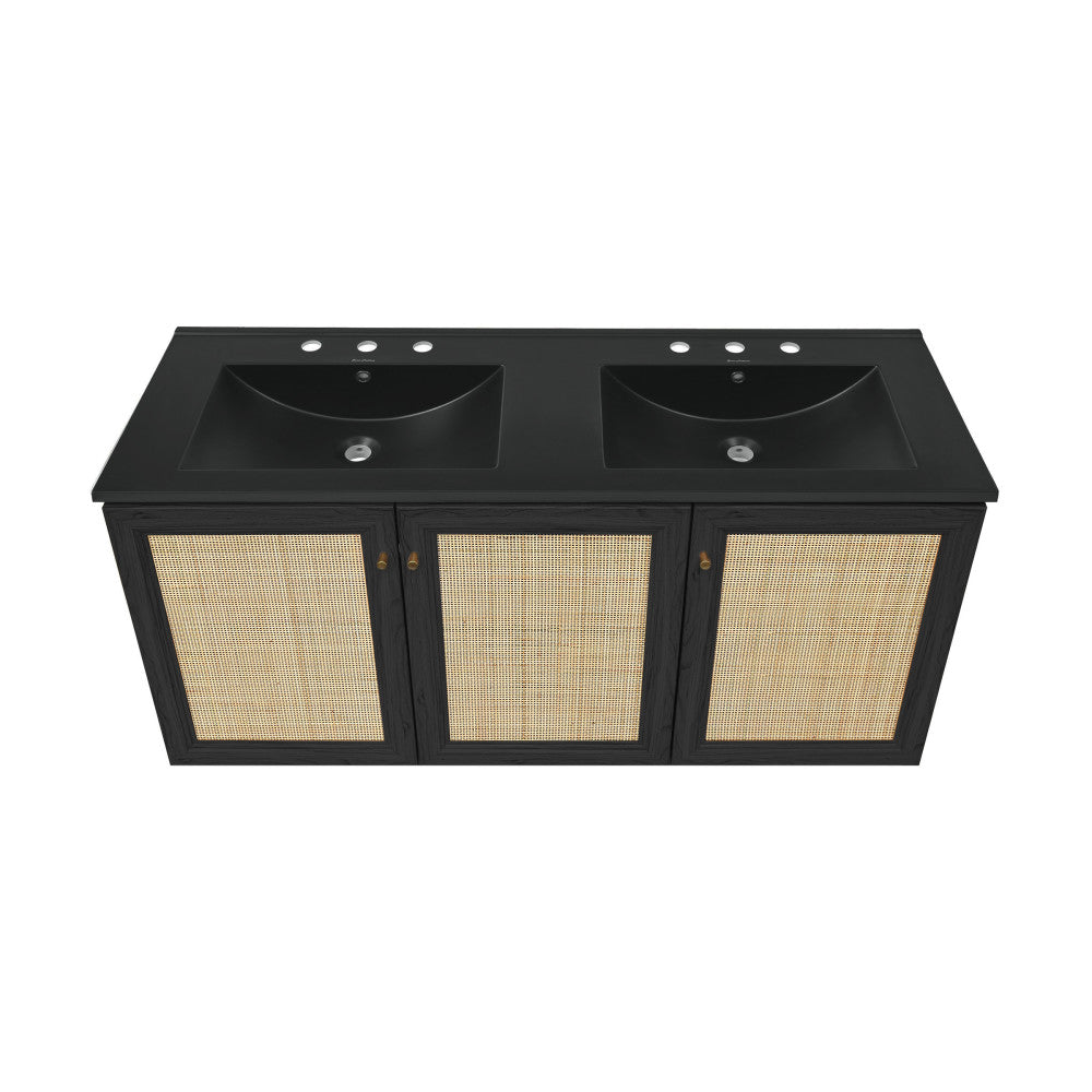 Classe 48" Wall-Mounted Bathroom Vanity in Black Oak with Black 3-Hole Centerset Double Basin Sink Top