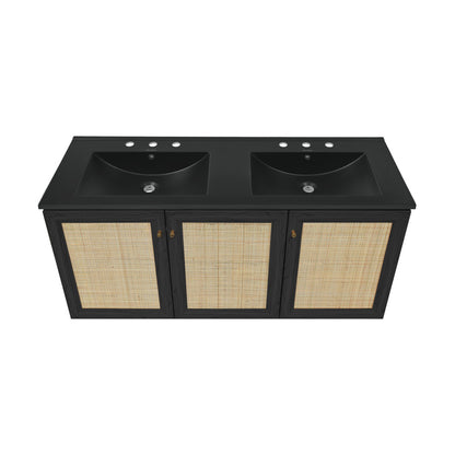 Classe 48" Wall-Mounted Bathroom Vanity in Black Oak with Black 3-Hole Centerset Double Basin Sink Top