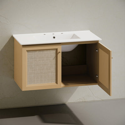 Classe 36" Wall-Mounted Bathroom Vanity in Natural Oak with Widespread Faucet Holes Vanity Top