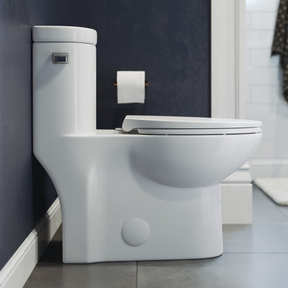 Elongated one-piece toilet with left side flush handle, white ceramic, modern design, 1.28 gpf.