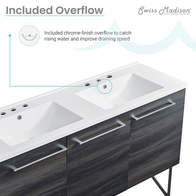 Annecy 60 in. Black Walnut, Double Basin Bathroom Vanity With White, 3-Hole Artificial Stone Sink Top