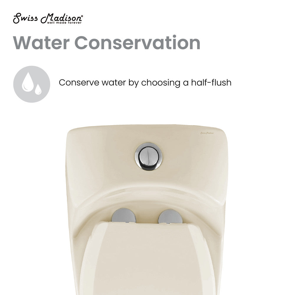 Elongated one-piece toilet in bisque with dual-flush button on top and smooth rounded edges.