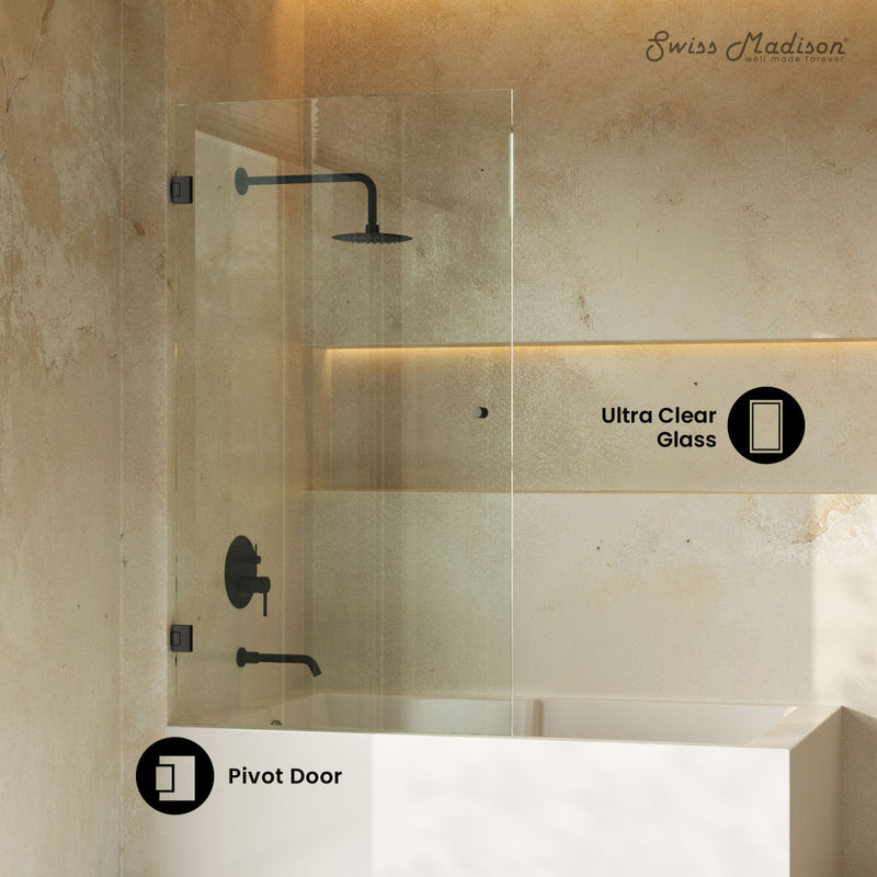 Voltaire 24 x 58 Frameless Pivot 3/8 in. (10mm) Ultra Clear Tempered Glass Tub Door with Black Matte Hardware