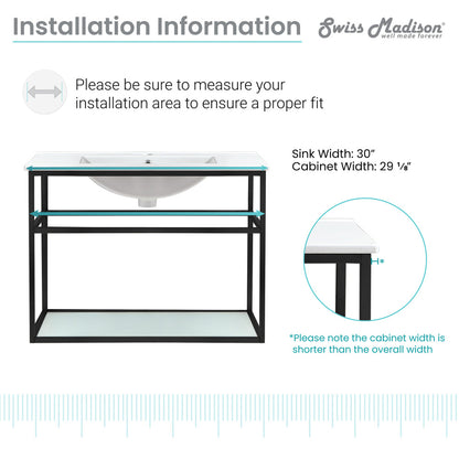 30-inch wall-mount bathroom vanity with open shelf, matte black metal frame, white sink top.