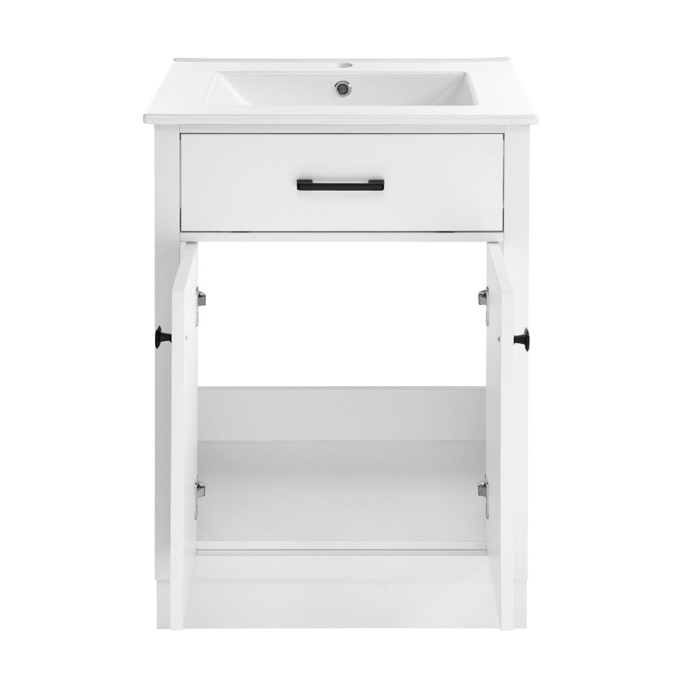 24-inch freestanding white bathroom vanity with single sink and soft-close doors.