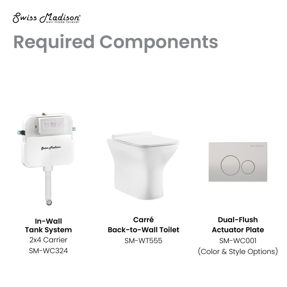 Square back-to-wall toilet bowl, compact design, dual flush actuator plate included.