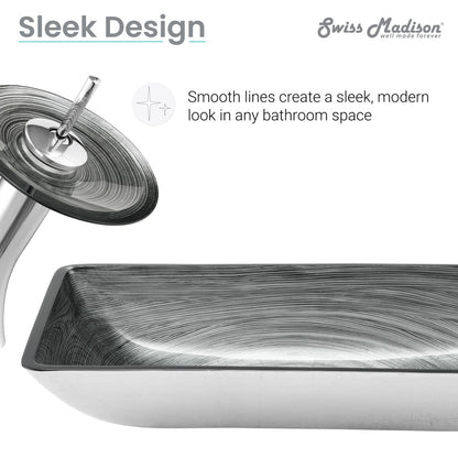 Rectangular smoky gray glass vessel sink with matching single-handle faucet, modern sleek design.