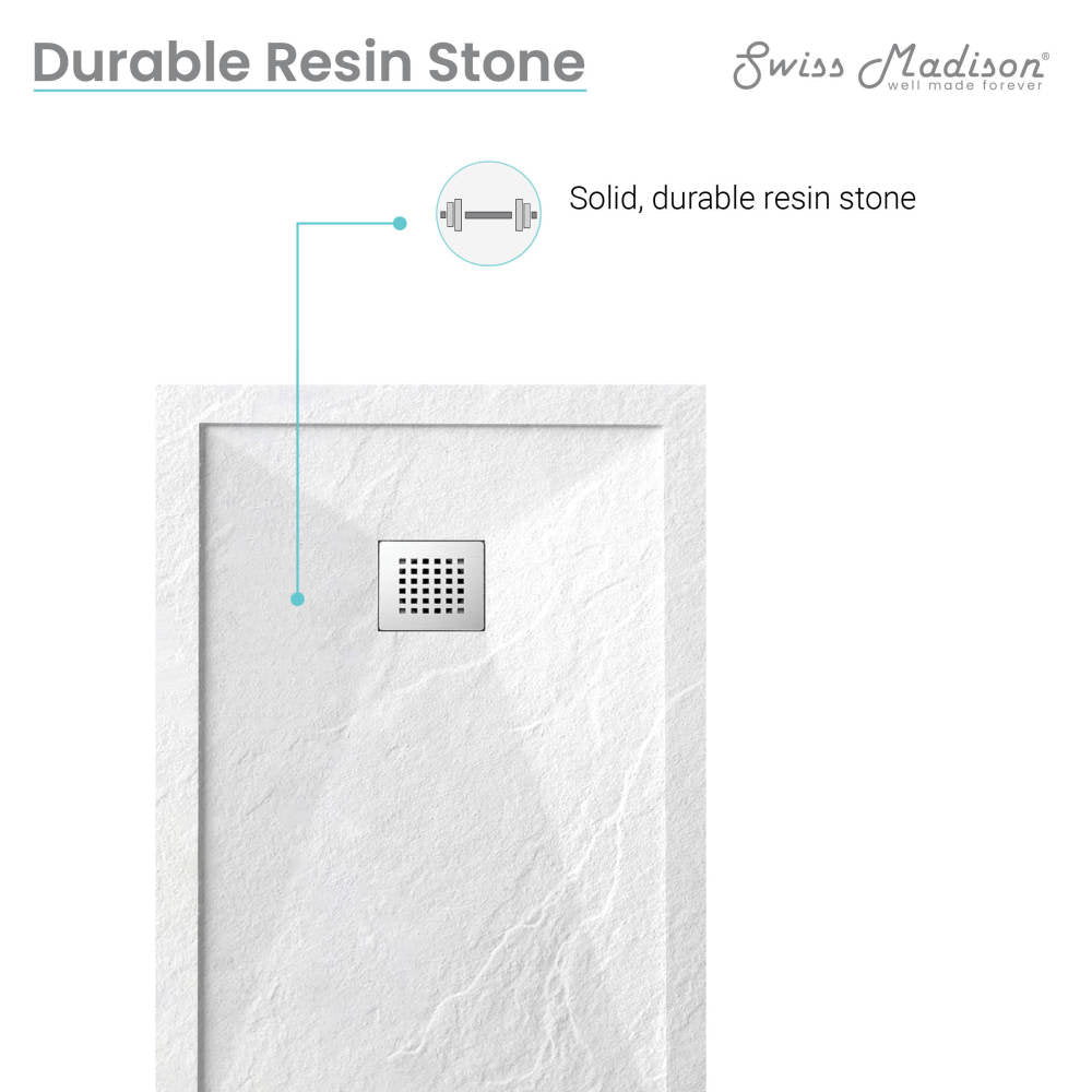 48-inch by 32-inch rectangular shower base in white durable resin stone, reversible drain, textured surface.