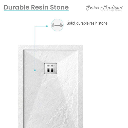 48-inch by 32-inch rectangular shower base in white durable resin stone, reversible drain, textured surface.