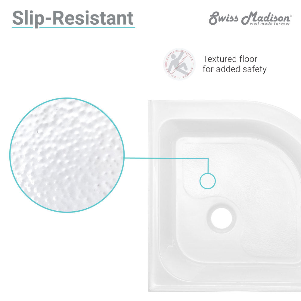 32x32 inch white acrylic neo-angle shower base with single-threshold and center drain, slip-resistant textured floor.