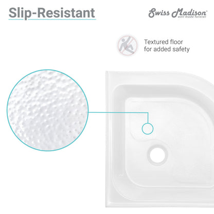 32x32 inch white acrylic neo-angle shower base with single-threshold and center drain, slip-resistant textured floor.