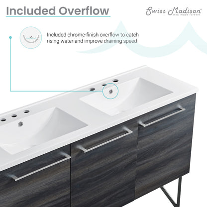 Annecy 60 in. Black Walnut, Double Basin Bathroom Vanity With White, 3-Hole Artificial Stone Sink Top