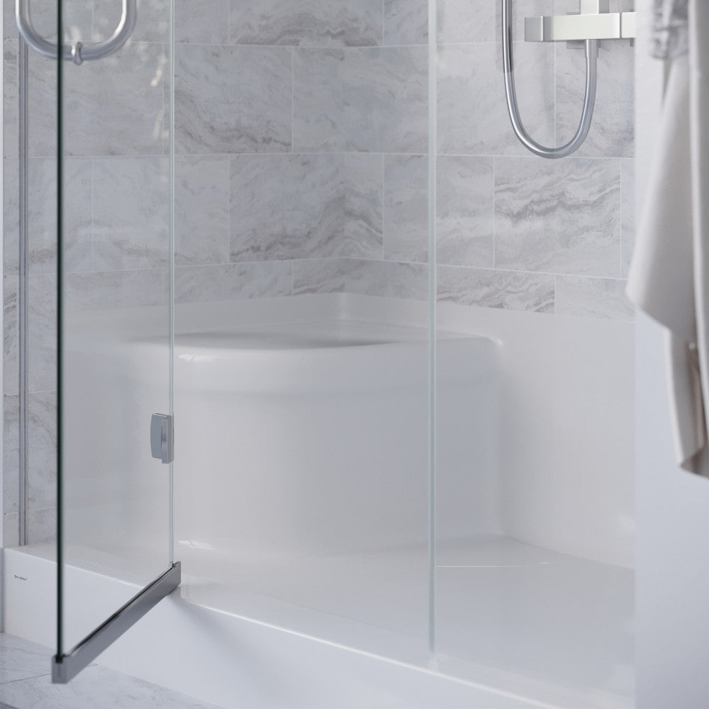 60" x 32" white single threshold shower base with integral left-hand seat and right-hand drain.
