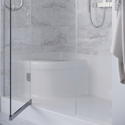 60" x 32" white single threshold shower base with integral left-hand seat and right-hand drain.