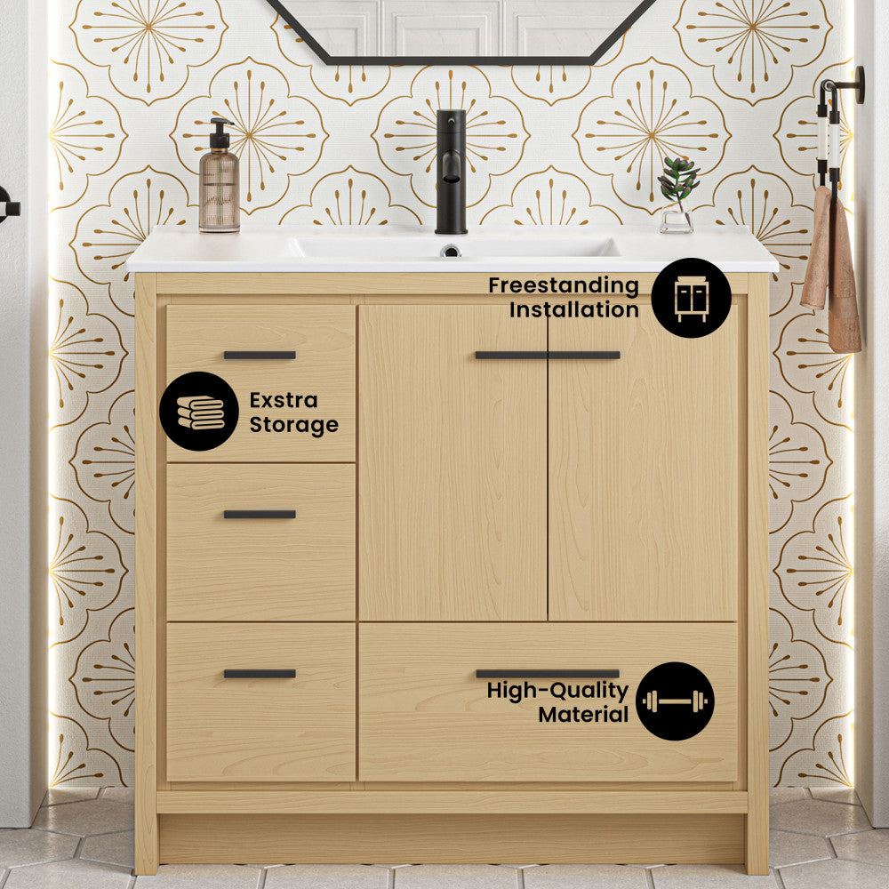Virage 36" Freestanding Bathroom Vanity in Natural Oak with Sink Top