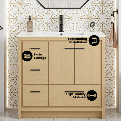 Virage 36" Freestanding Bathroom Vanity in Natural Oak with Sink Top