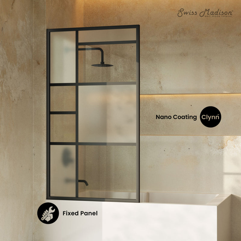 Leiden 34 x 58 Framed Fixed 3/8 in. (10mm) Frosted Tempered Glass Tub Door with Black Matte Frame