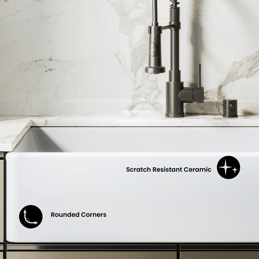 Elegance 30" x 20" Single Basin Fireclay Farmhouse Kitchen Sink in Glossy White with Stainless Steel Grid