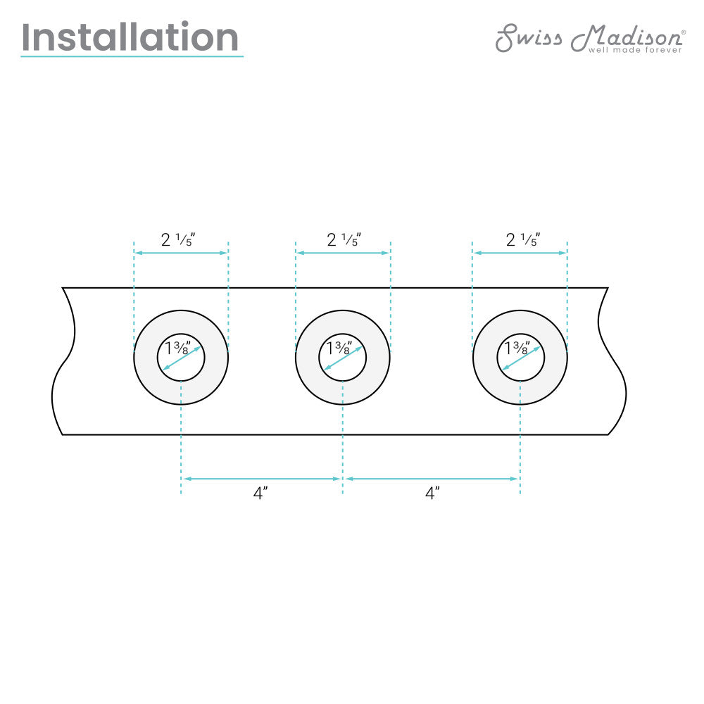 Diagram showing measurements for widespread bathroom faucet installation with three 2 ¾ inch holes spaced 4 inches apart.