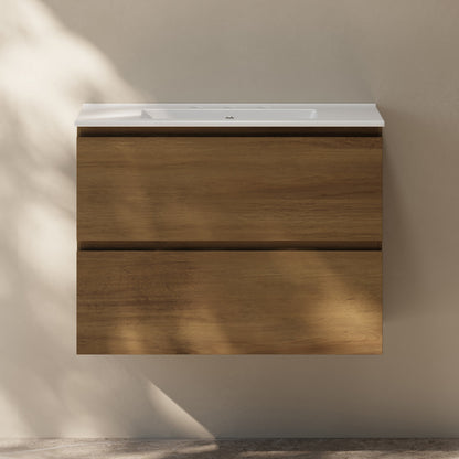 Liberte 30" Wall-Mounted Bathroom Vanity in Brown Oak with 3-Hole Widespread Sink Top