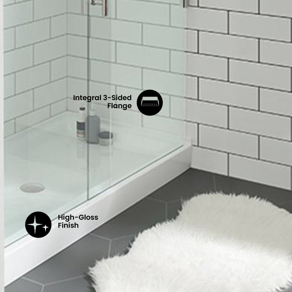 Voltaire 60" x 36" Acrylic White, Single-Threshold, Center Drain, Shower Base