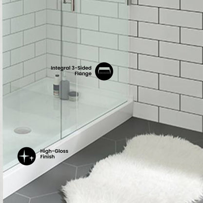 Voltaire 60" x 36" Acrylic White, Single-Threshold, Center Drain, Shower Base