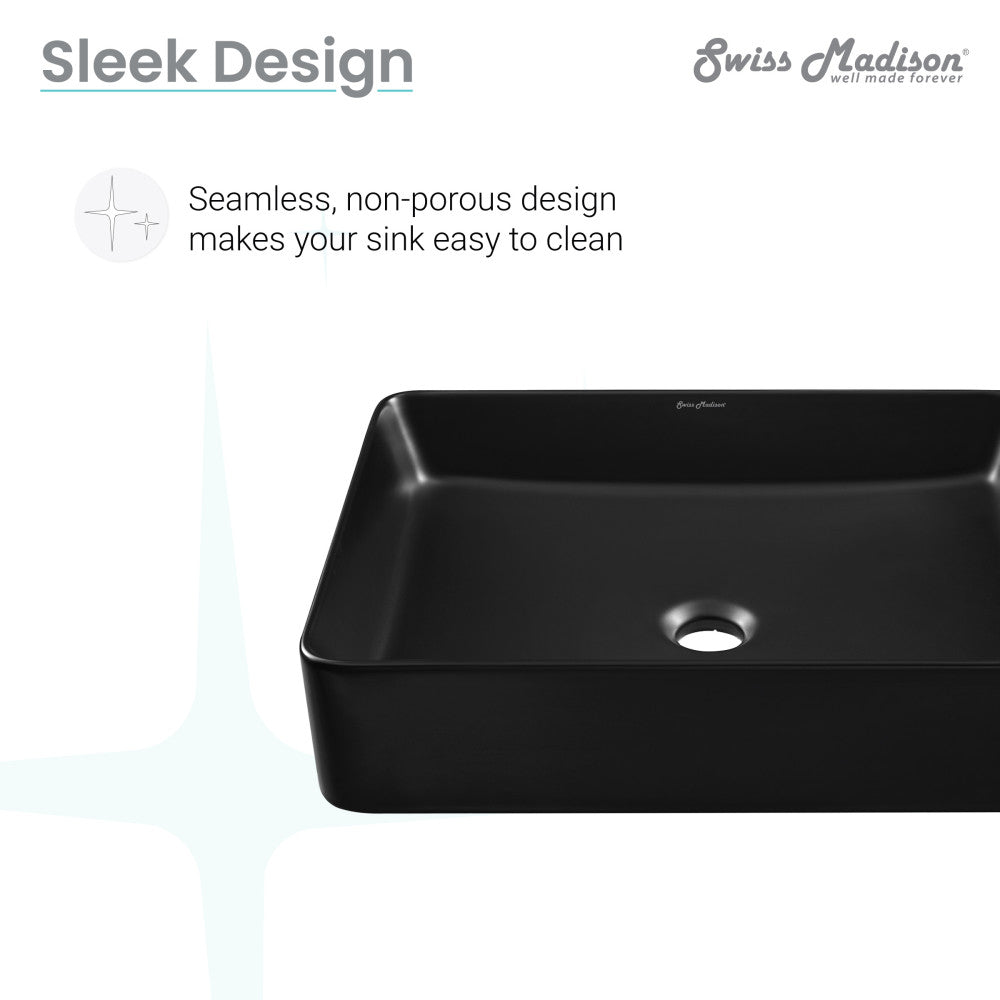 Rectangular matte black ceramic vessel sink with center drain and smooth edges.