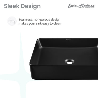 Rectangular matte black ceramic vessel sink with center drain and smooth edges.