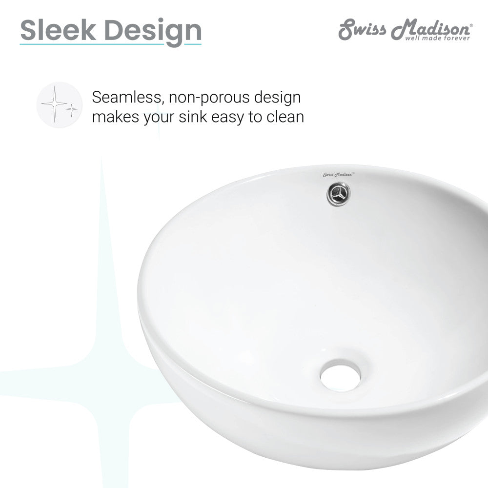 Round vessel sink in glossy white ceramic with seamless, non-porous design for easy cleaning.