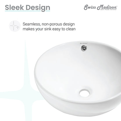 Round vessel sink in glossy white ceramic with seamless, non-porous design for easy cleaning.