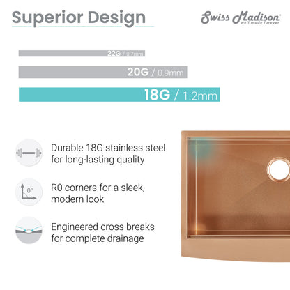 33x22 inch farmhouse kitchen workstation sink, stainless steel, rose gold, single basin with apron front.