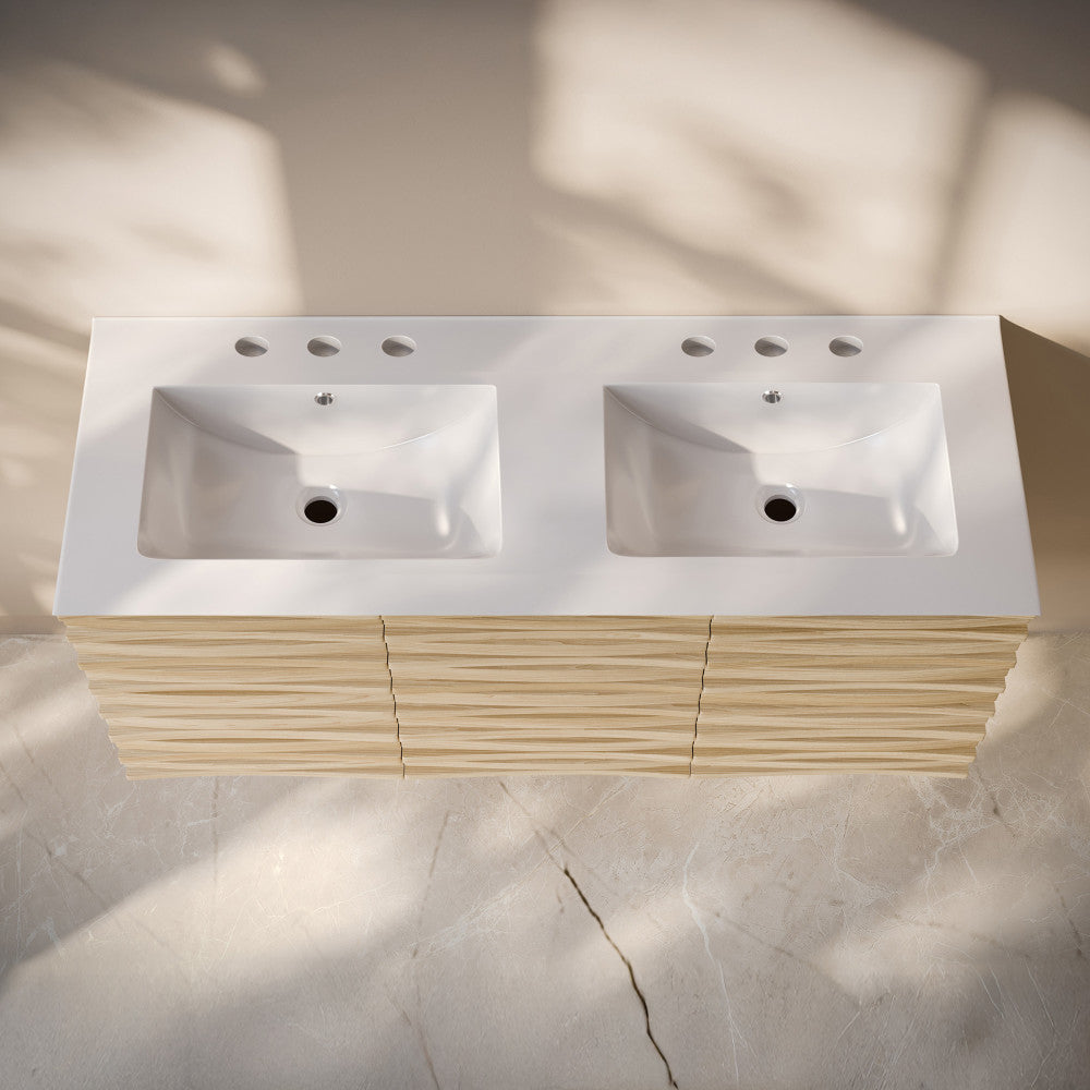 Cascade 48" Wall-Mounted Bathroom Vanity in Natural Oak with 3-Hole Centerset Double Basin Sink Top