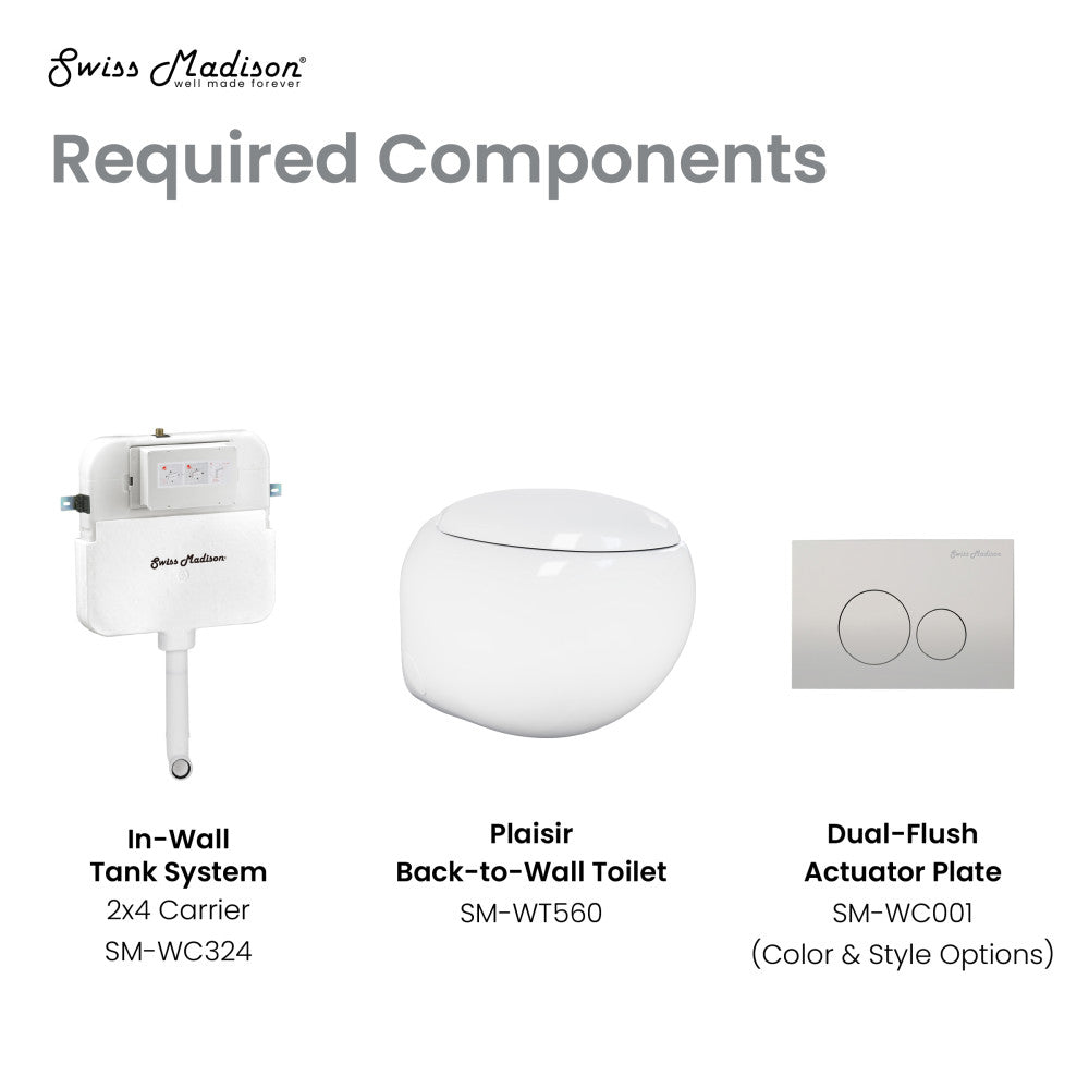 Compact back-to-wall toilet with rounded bowl, dual flush actuator plate, and concealed in-wall tank system.