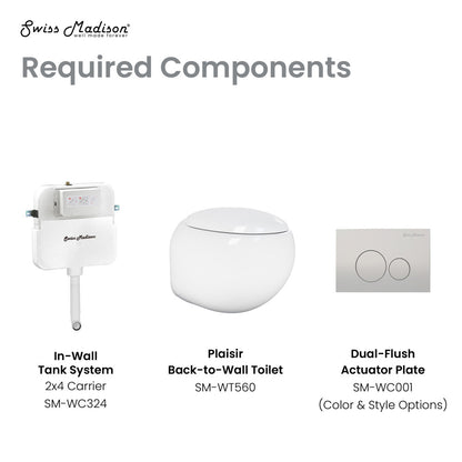 Compact back-to-wall toilet with rounded bowl, dual flush actuator plate, and concealed in-wall tank system.