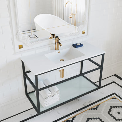 36-inch wall-mount bathroom vanity with metal frame and open glass shelf under white sink.