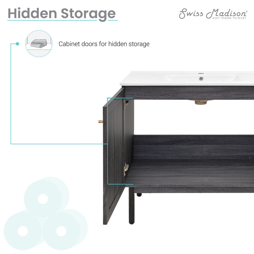 36-inch freestanding black oak bathroom vanity with single sink and hidden storage cabinet doors.