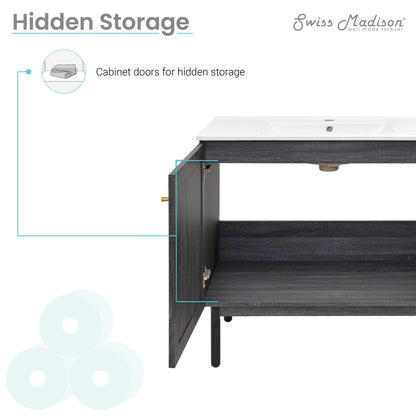 36-inch freestanding black oak bathroom vanity with single sink and hidden storage cabinet doors.