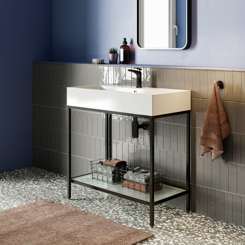 32-inch freestanding bathroom vanity with black frame, open shelf, and white integrated sink top.